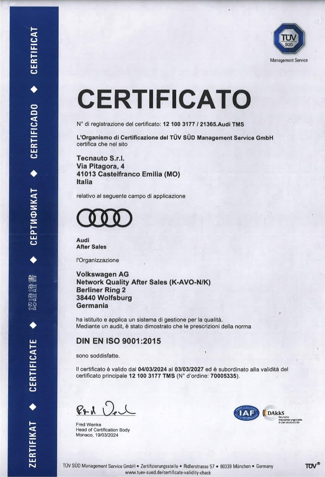 certificazione tuv audi tecnauto centro auto castelfranco emilia