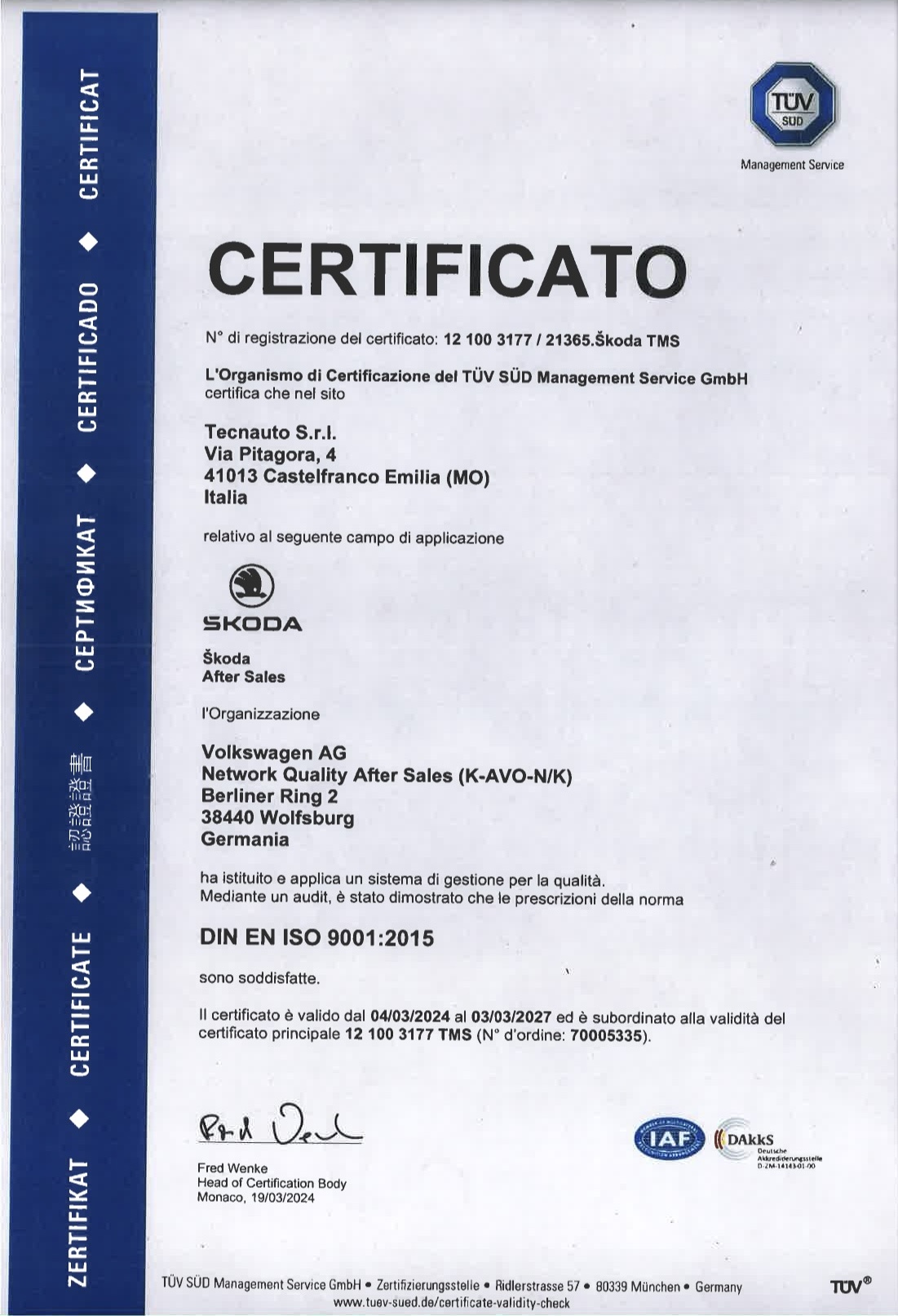 certificazione tuv skoda tecnauto centro auto castelfranco emilia