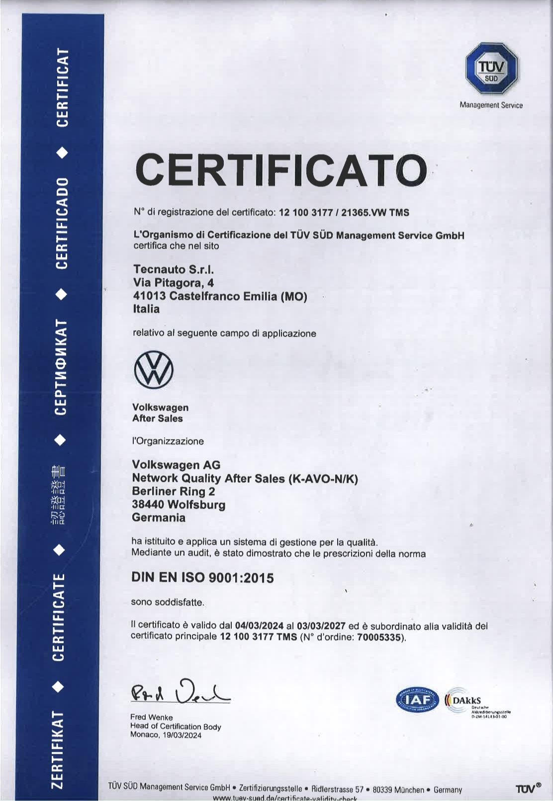 certificazione tuv volkswagen tecnauto centro auto castelfranco emilia